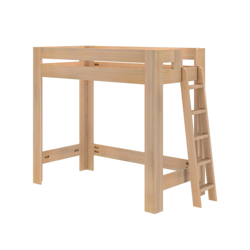 Minimal natural wood loft bed frame with integrated ladder and platform rails — space-saving bunk bed for small bedrooms