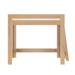 Close-up of light oak wooden bed frame showing side rails, legs and ladder-style rungs with natural wood grain finish