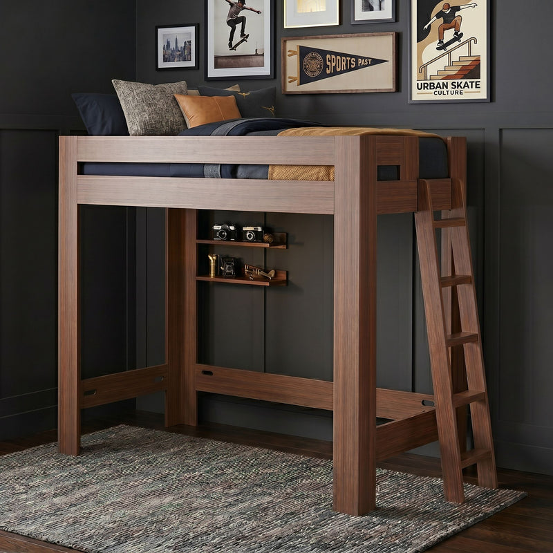 Walnut wooden loft bed with ladder in teen room, navy bedding and leather pillow, skate-themed wall art and built-in shelves