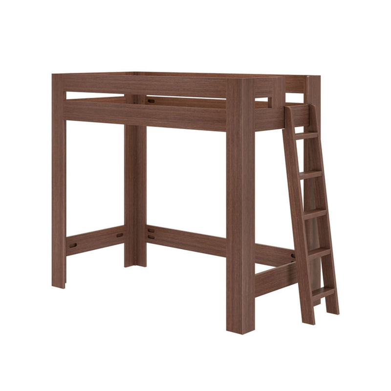 Walnut finish wooden loft bed frame with integrated ladder – space-saving twin platform bed for kids