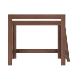 Close-up of walnut-finish wooden loft bed frame with ladder and slatted support rails, modern twin bunk bed hardware detail