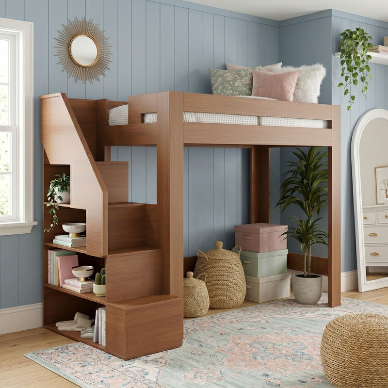 Wooden loft bed with built-in storage stairs in a kids' room with blue paneled wall, sunburst mirror, plants, woven baskets and pastel rug