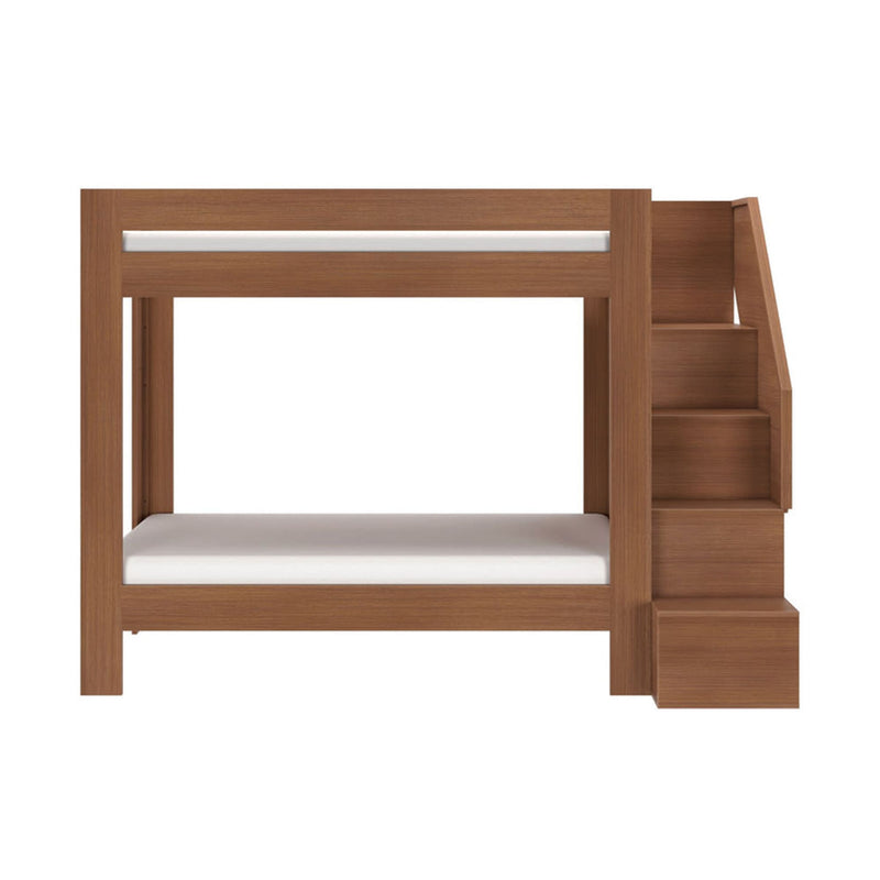Modern walnut twin-over-twin wooden bunk bed with built-in staircase storage, space-saving loft bed for kids