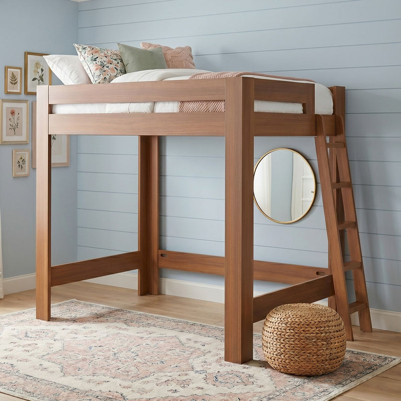 Natural wood twin loft bed with ladder in a light-blue shiplap kids' bedroom, styled with floral pillows, round mirror, woven pouf and patterned area rug