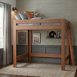 Modern wooden loft bunk bed in a stylish kids' bedroom with grey textured wallpaper, linen curtains, layered throw pillows, industrial wall sconce and vinyl record shelf
