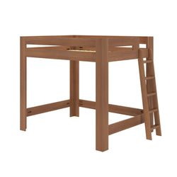 Solid wood loft bed frame, natural walnut finish, built-in ladder and safety rails, space-saving elevated platform bed for kids' bedroom