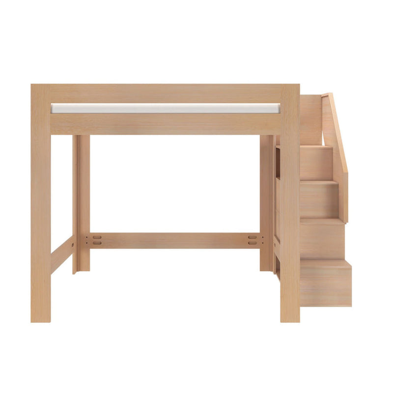 Natural wood loft bed frame with built-in staircase and white safety rail — modern children's bunk bed
