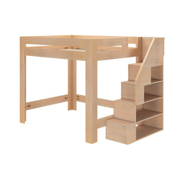 Natural pine loft bed with integrated staircase and open storage shelves, minimalist platform bunk bed for kids and small rooms