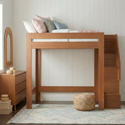 Solid wood twin loft bed with stairs and built-in storage, pastel pillows, rattan mirror, wooden dresser, woven pouf and light-blue patterned rug in a modern kids bedroom