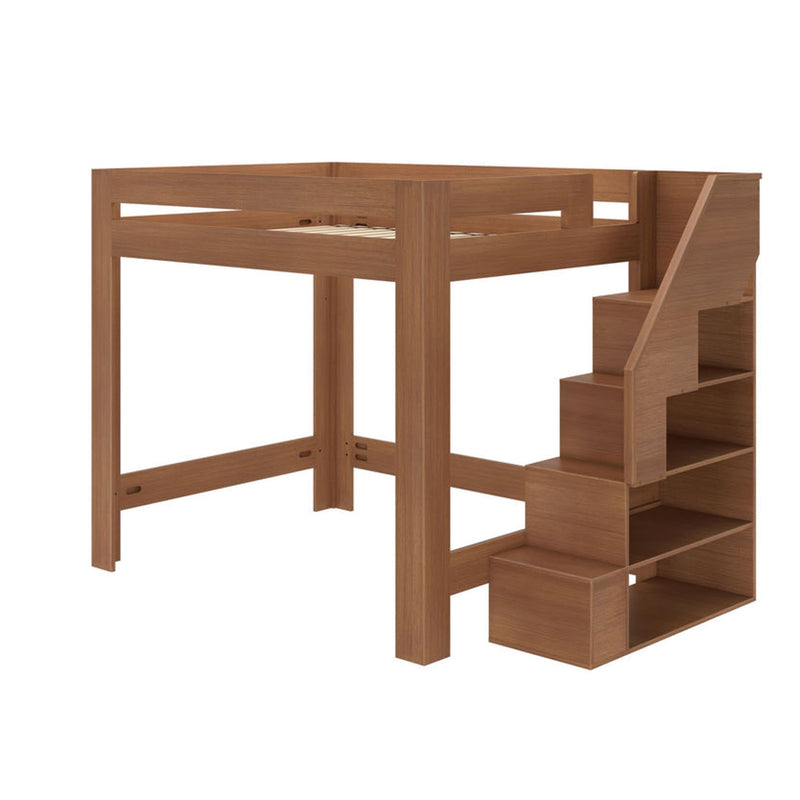 Wooden loft bed with built-in staircase storage and open shelving, natural wood finish, space-saving kids bedroom furniture