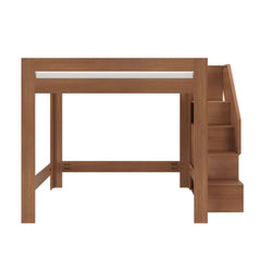 Wooden loft bed frame with built-in staircase storage shelves, oak finish, space-saving kids’ loft platform bed