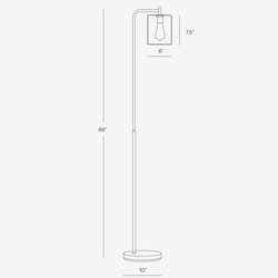 Line drawing schematic of a modern floor lamp with curved arm, 66-inch overall height, 10-inch round base, 6-inch shade width and 7.5-inch shade height