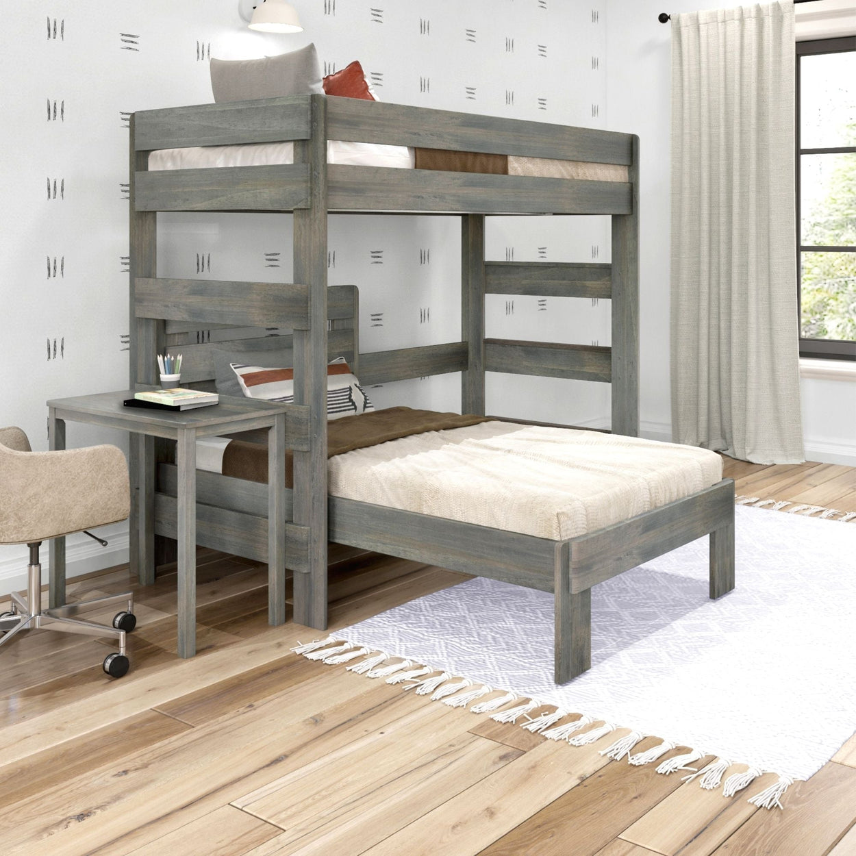 Rustic Twin over Twin L-Shaped Bunk Bed + Desk Bunk Beds Plank+Beam Driftwood 