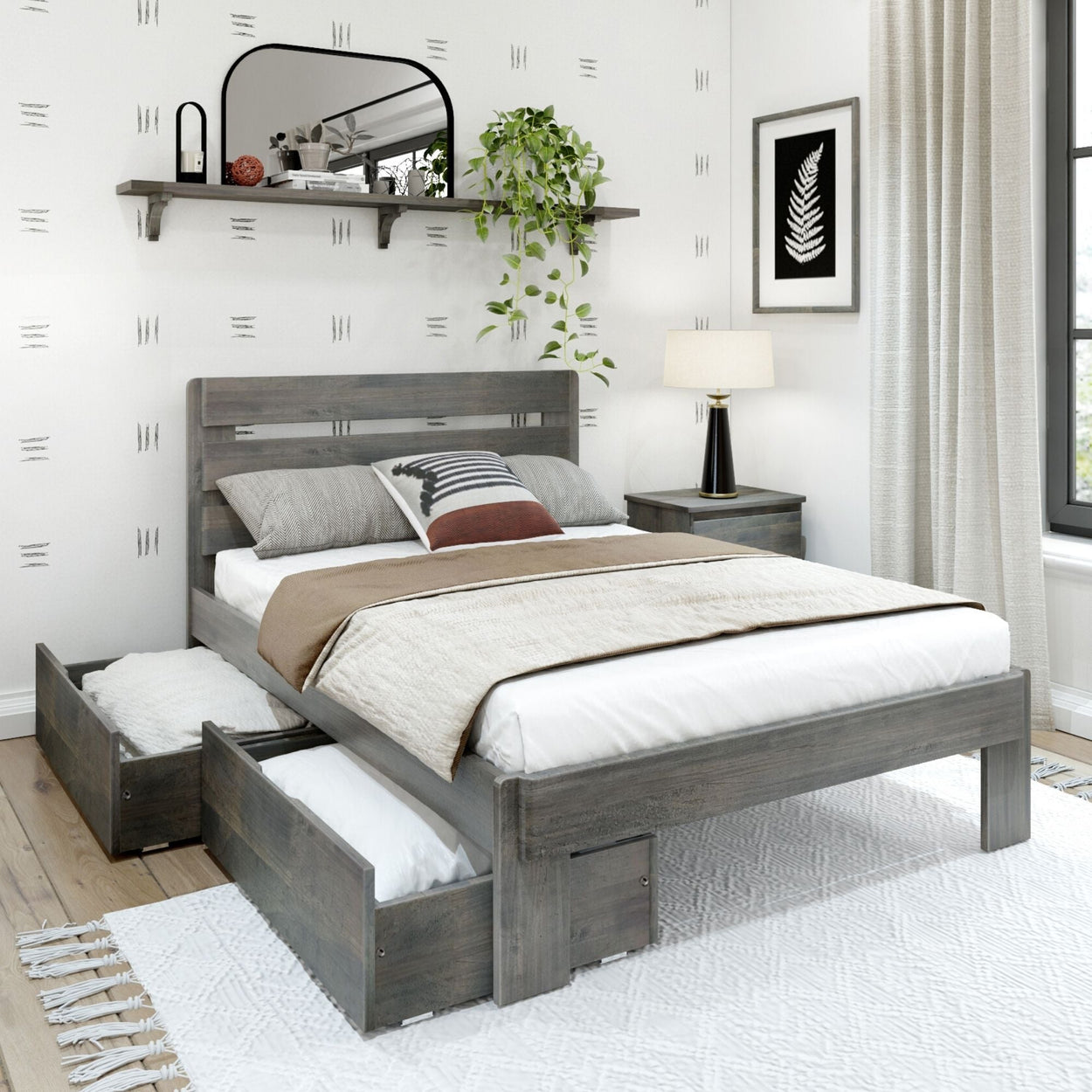 Rustic Full Bed with Slatted Headboard + Underbed Storage Single Beds Plank+Beam 